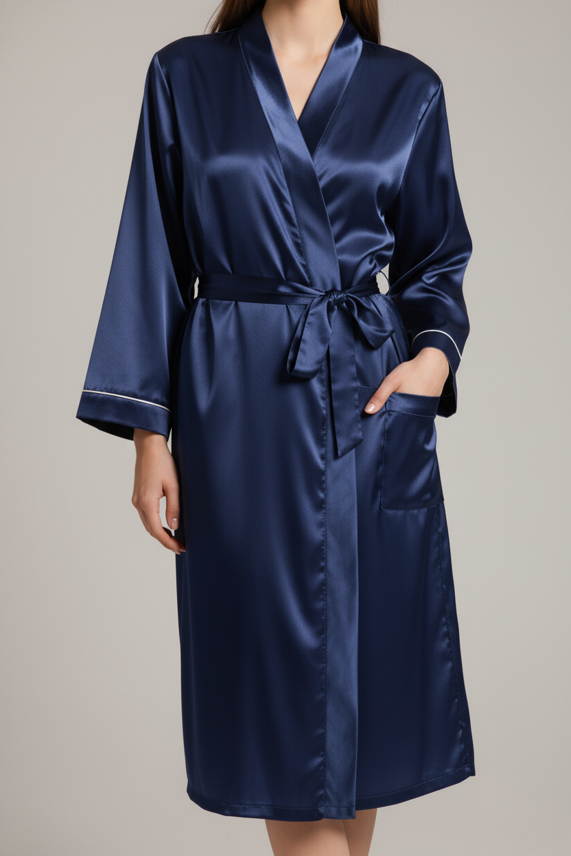 Robe de chambre femme satin bleu marine grande taille, V-neck et piping blanc