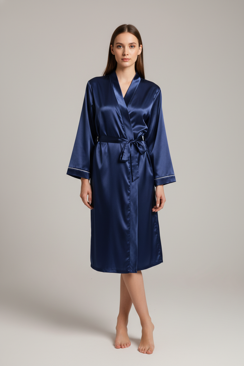 Robe de chambre femme satin bleu marine grande taille avec ceinture et bordure blanche