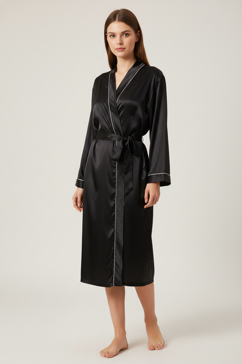 Robe de chambre femme grande taille en satin noir avec passepoil blanc