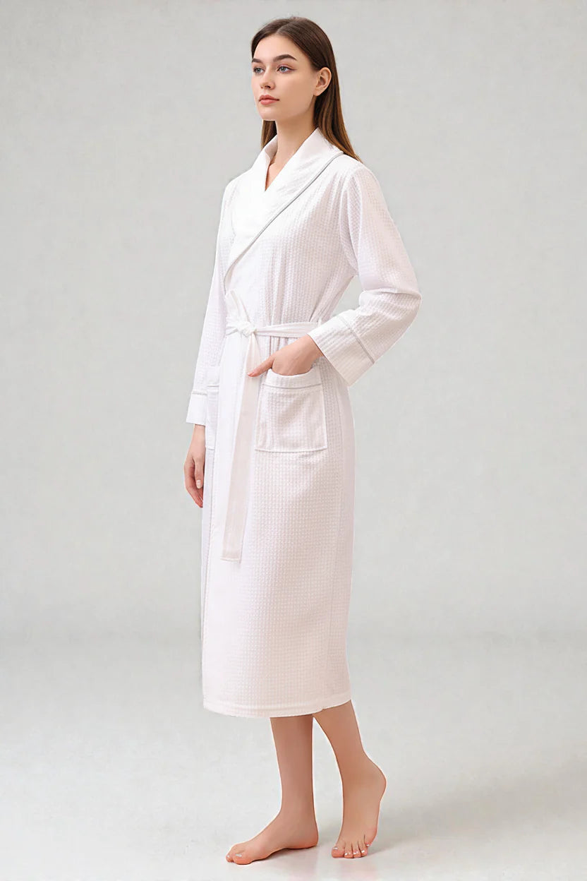 Robe de chambre femme gauffrée blanche en coton à ceinture et poches