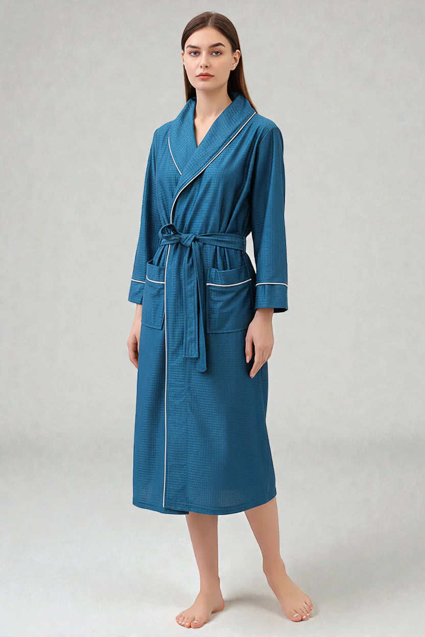 Robe de chambre femme gauffrée teal texturée à bordure blanche