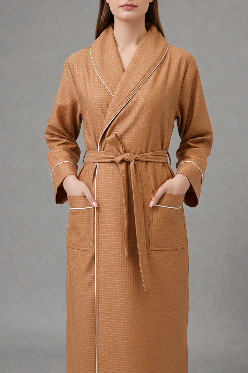 Robe de chambre femme gaufrée beige à liseré blanc