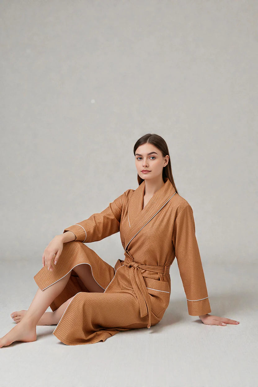 Robe de chambre femme gauffré beige texturé à bordure blanche