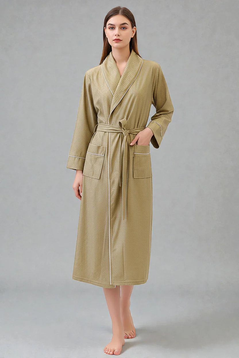 Robe de chambre femme gaufrée olive-vert texturée à fines rayures