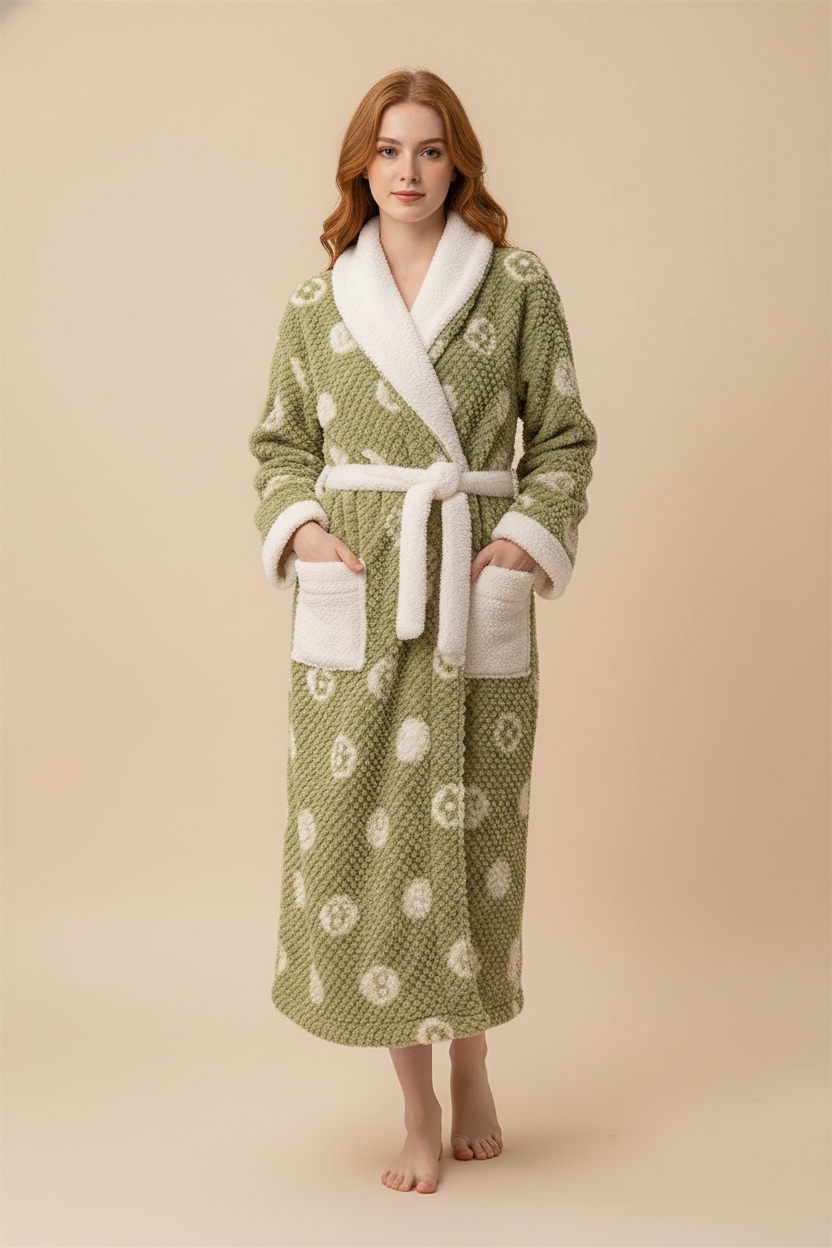 Robe de chambre femme hiver vert olive à col et poignets en fausse fourrure blanche