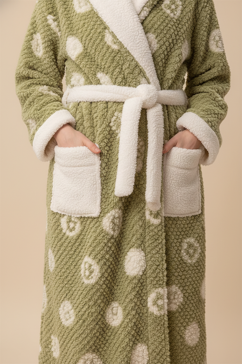 Robe de chambre femme hiver en velours vert olive avec motifs blancs