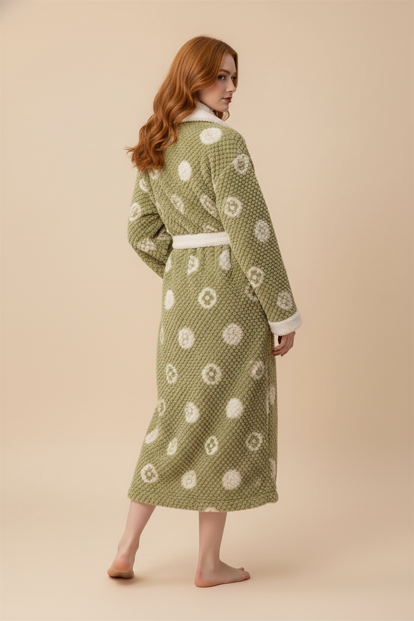 Robe de chambre femme hiver olive vert doux à pois blancs