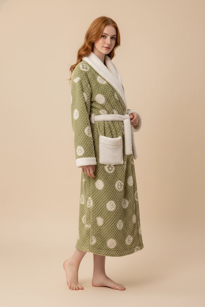 Robe de chambre femme hiver vert olive à pois crème et col en polaire blanche