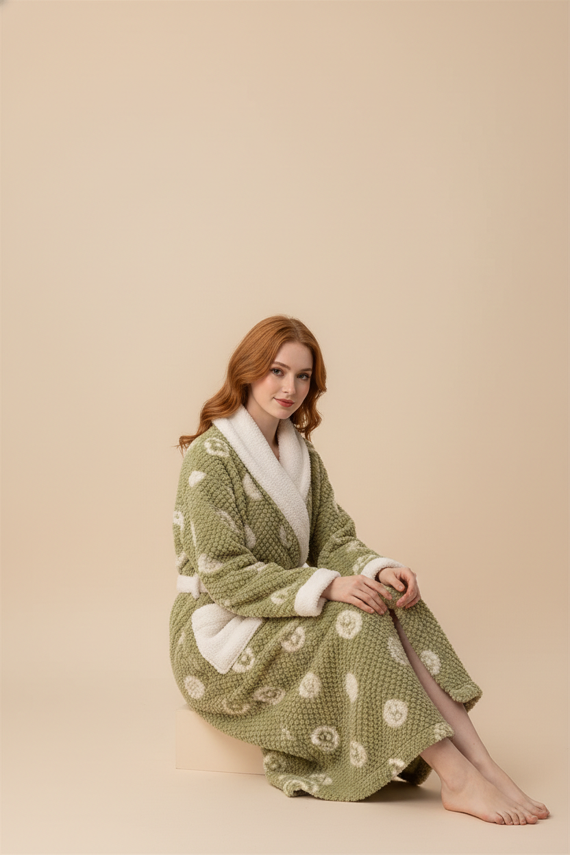 Robe de chambre femme hiver en velours vert olive doux avec col et poignets en polaire blanche et motifs pissenlits crème