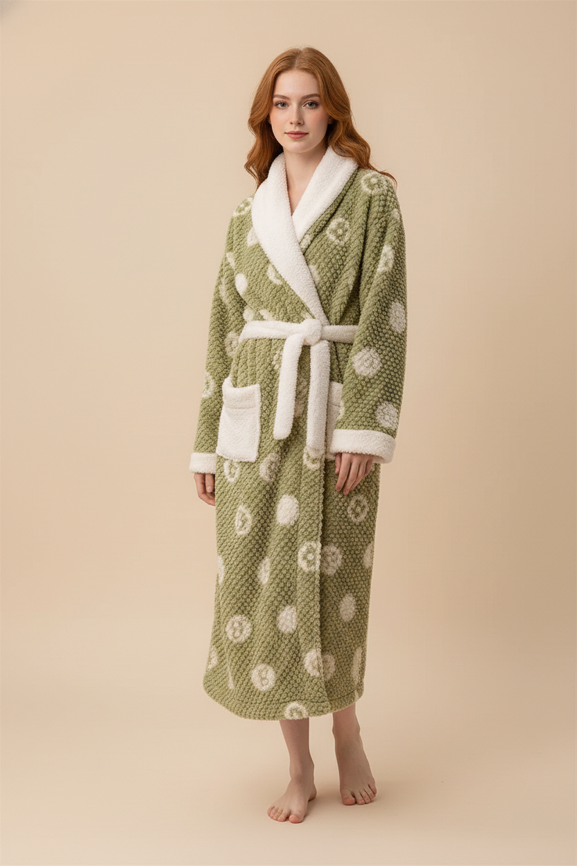 Robe de chambre femme hiver vert olive, col et poignets en fourrure blanche