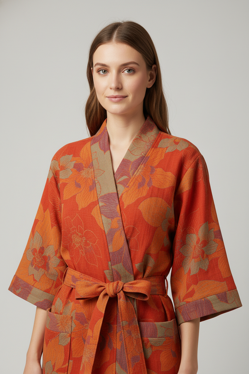 Robe de chambre femme kimono japonais orange à motifs floraux