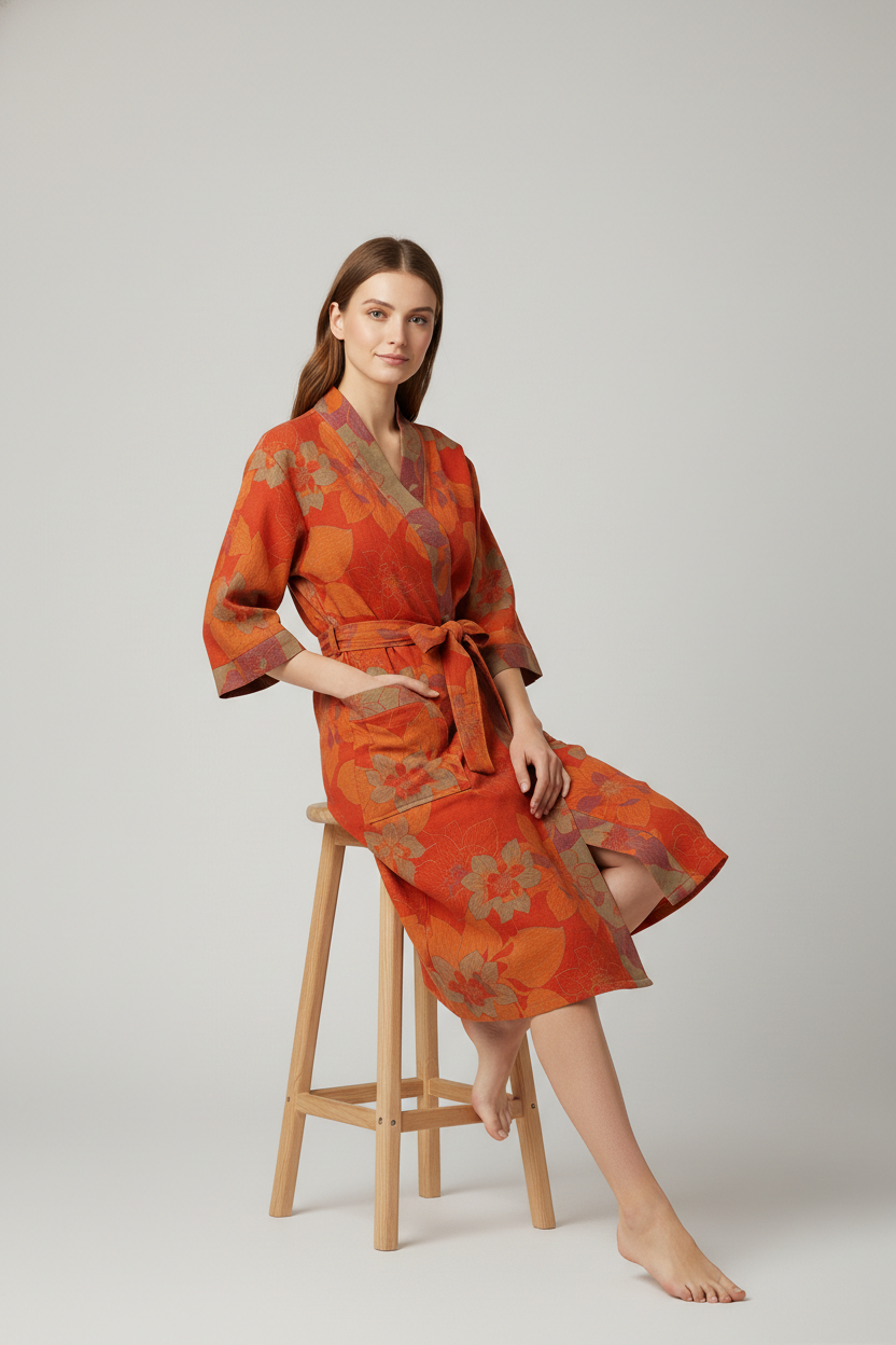 Femme en robe de chambre kimono japonais orange à motif floral
