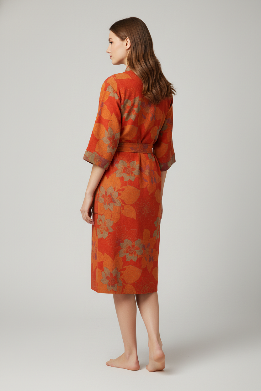 Robe de chambre femme kimono japonais orange à motif floral