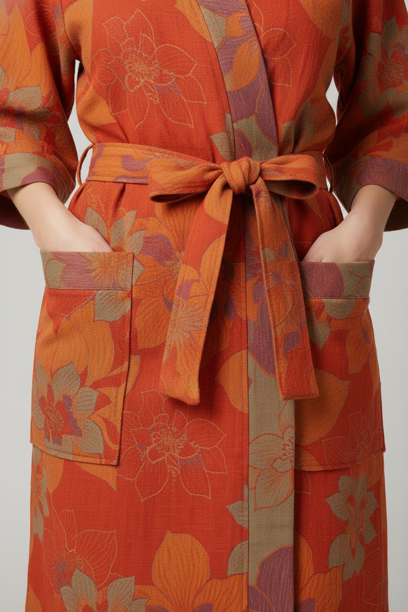 Robe kimono japonais femme orange à motifs floraux, ceinture et poches