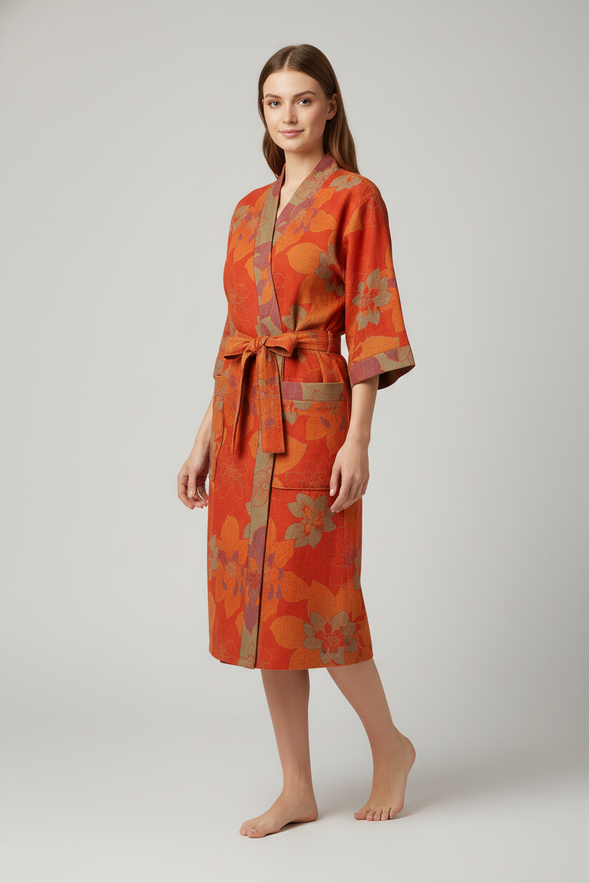 Robe de chambre femme kimono japonais orange à motifs floraux, ceinture assortie