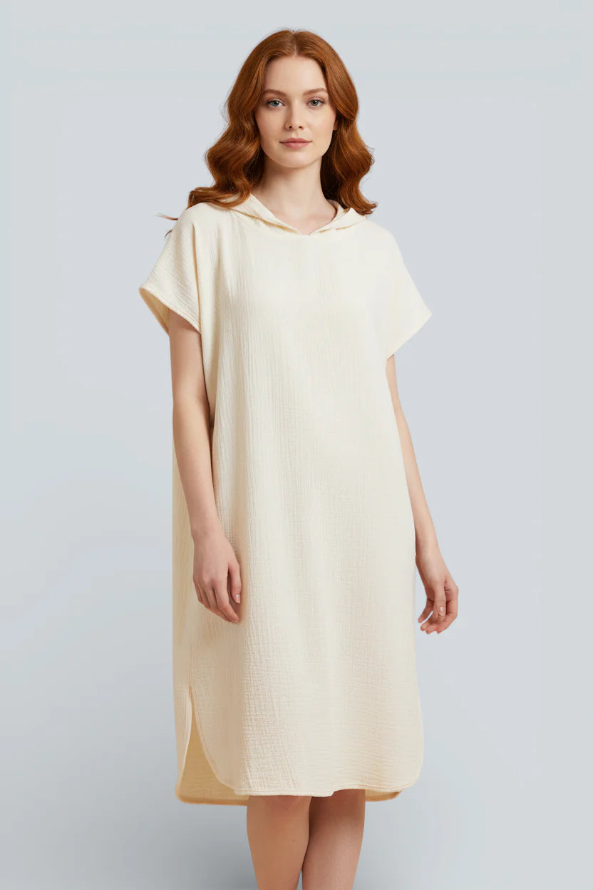 Robe de chambre femme légère en coton crème à capuche texturée