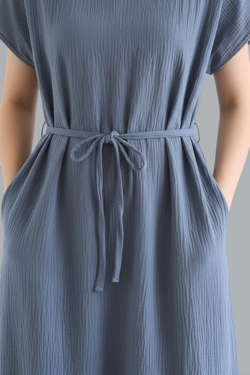 Robe de chambre femme légère en coton bleu poussiéreux texturé