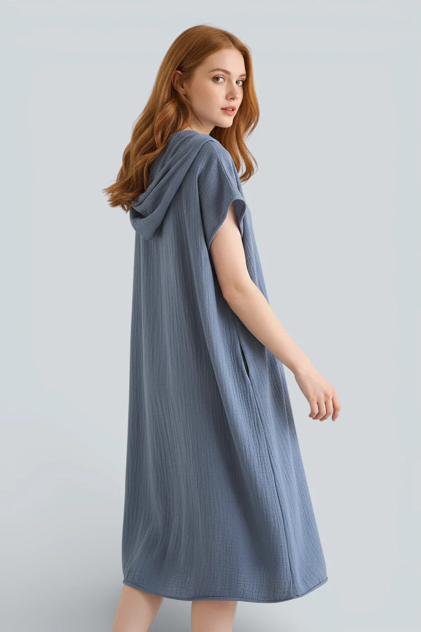 Robe de chambre femme légère en coton bleu ardoise à capuche plissée
