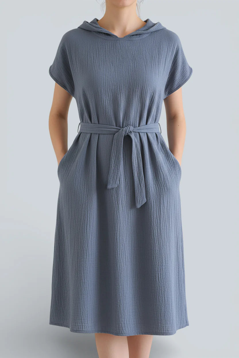 Robe de chambre femme légère en coton bleu ardoise à capuche texturée