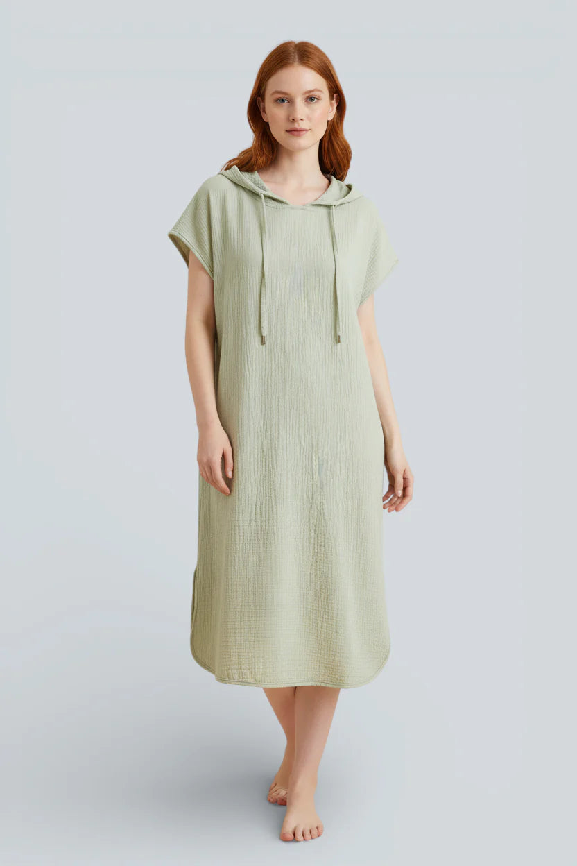Robe de chambre femme légère en coton vert sauge à capuche texturée