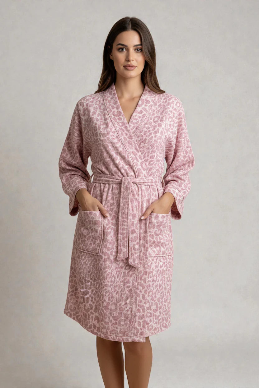 Robe de chambre femme léopard rose légère à ceinture et poches