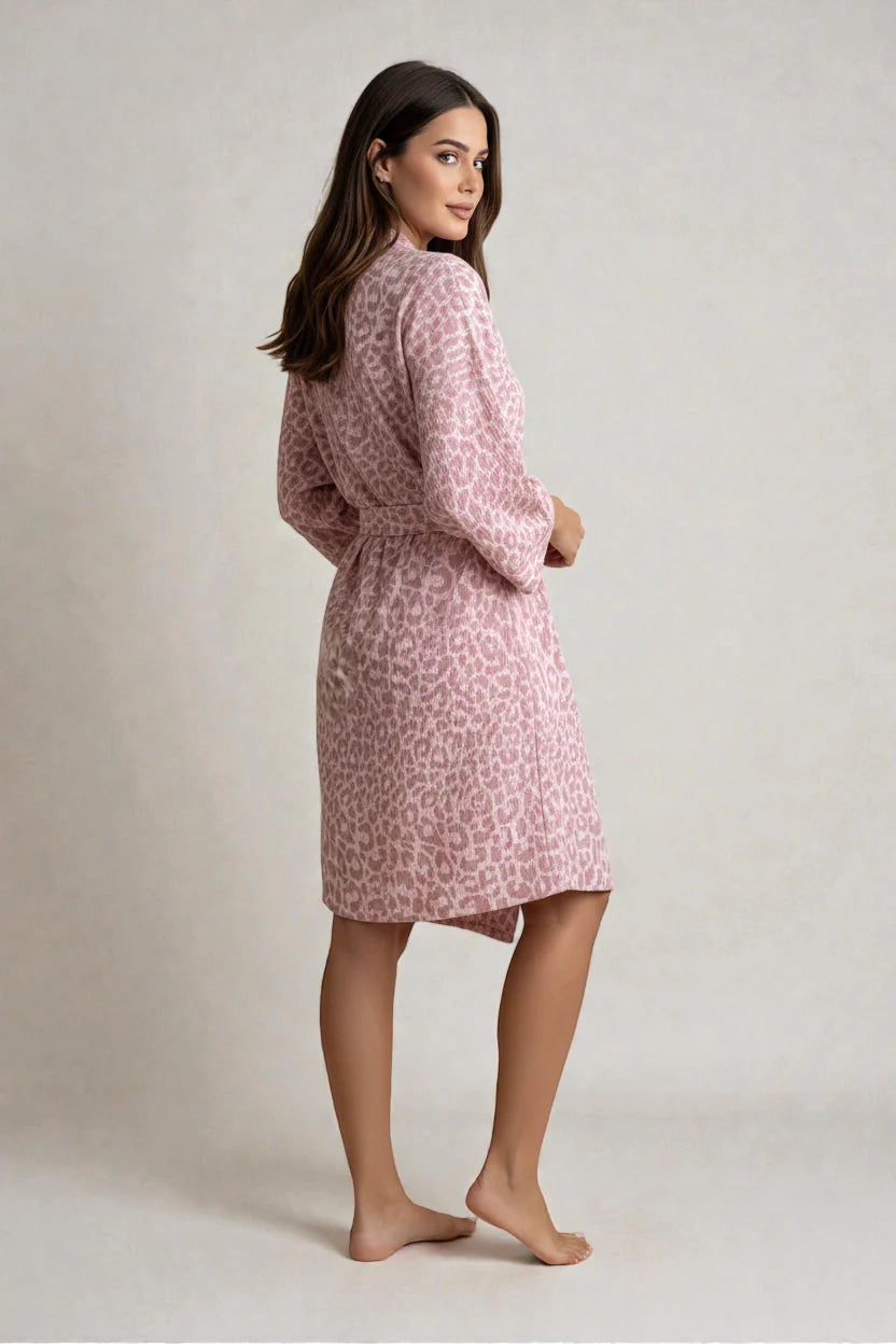 Robe de chambre femme léopard rose légère, ceinture et manches longues
