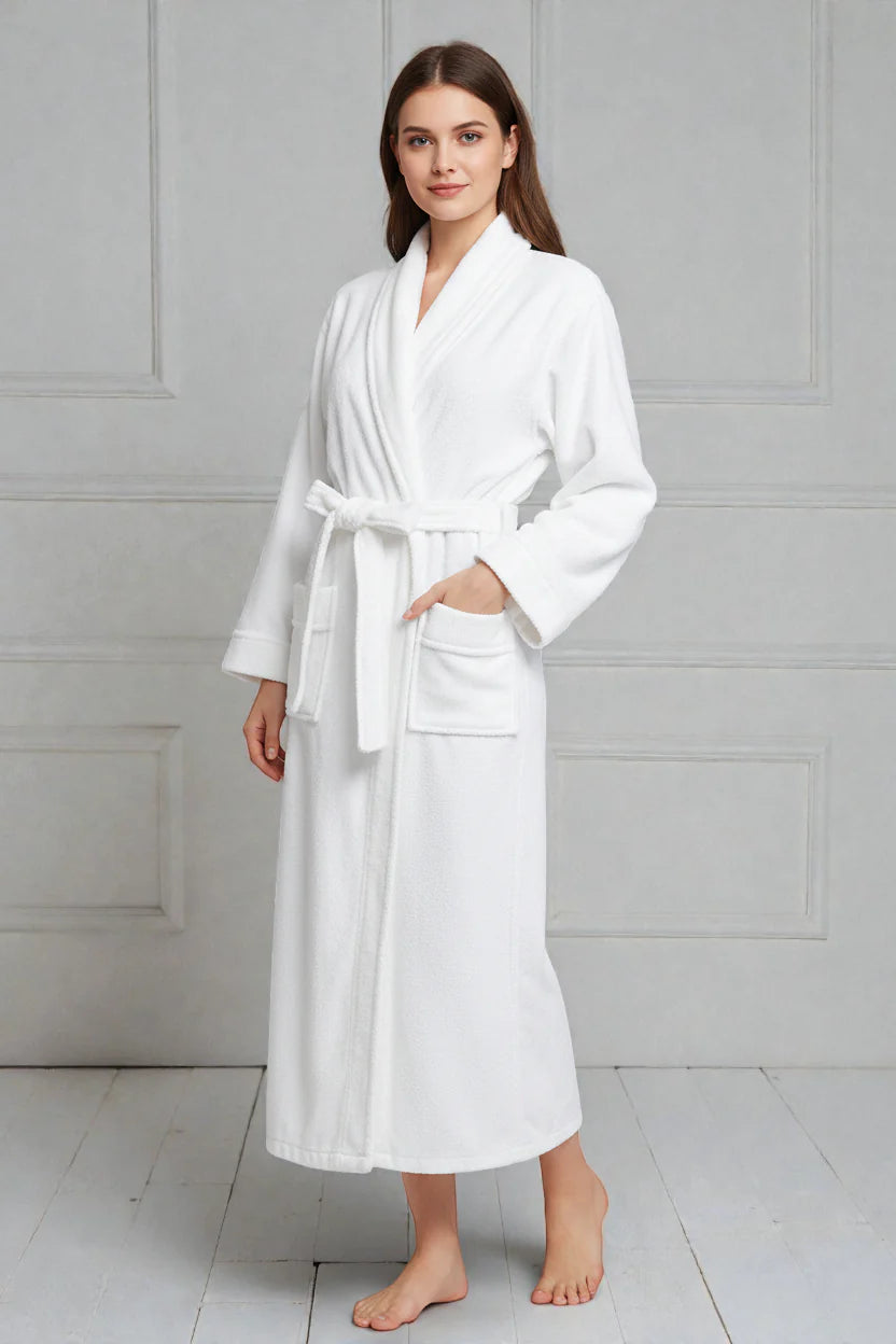 Robe de chambre femme longue en coton blanc plush avec ceinture et poche