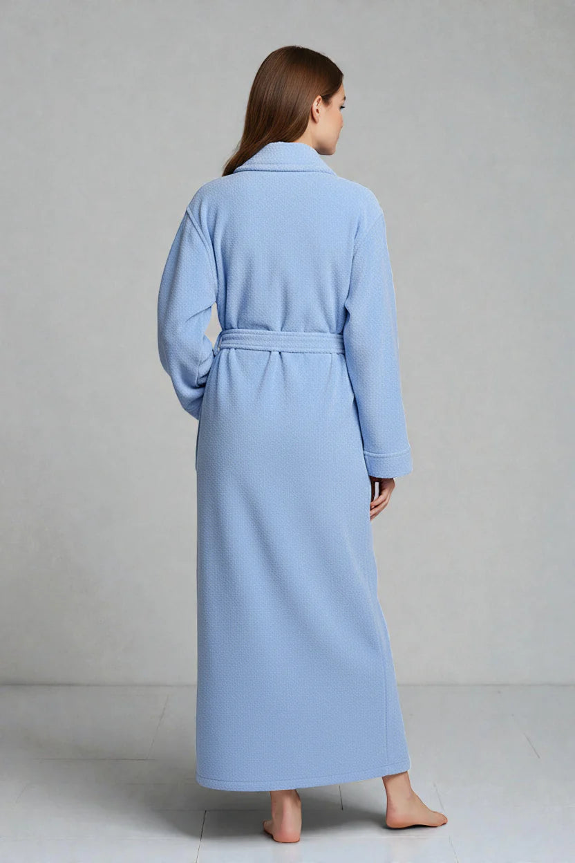 Robe de chambre femme longue en coton bleu clair doux à manches longues