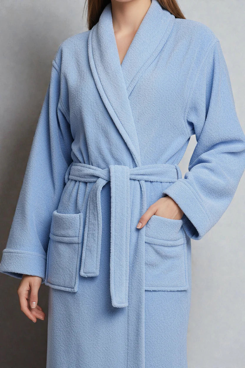 Robe de chambre femme longue en coton bleu clair doux à poches et ceinture