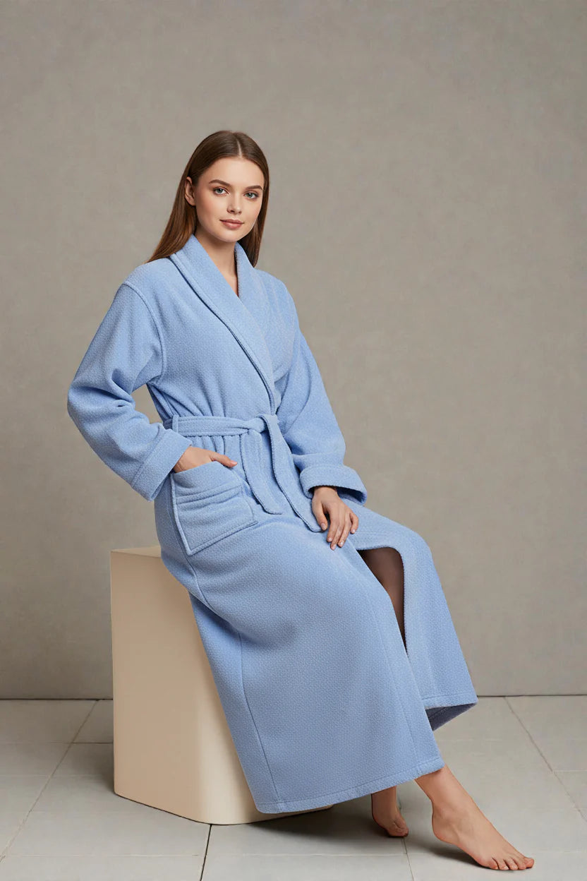 Robe de chambre femme longue en coton bleu clair doux à ceinture et poches