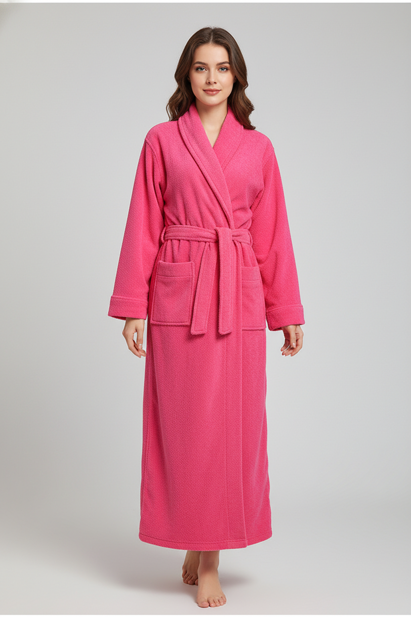 Robe de chambre femme longue en coton rose vibrante à manches longues