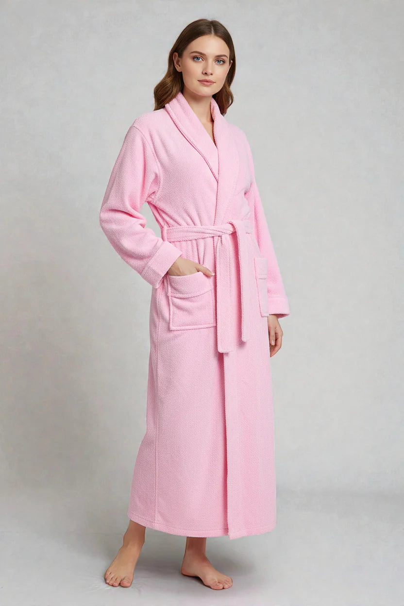 Robe de chambre femme longue en coton rose doux à manches longues, ceinture et poches