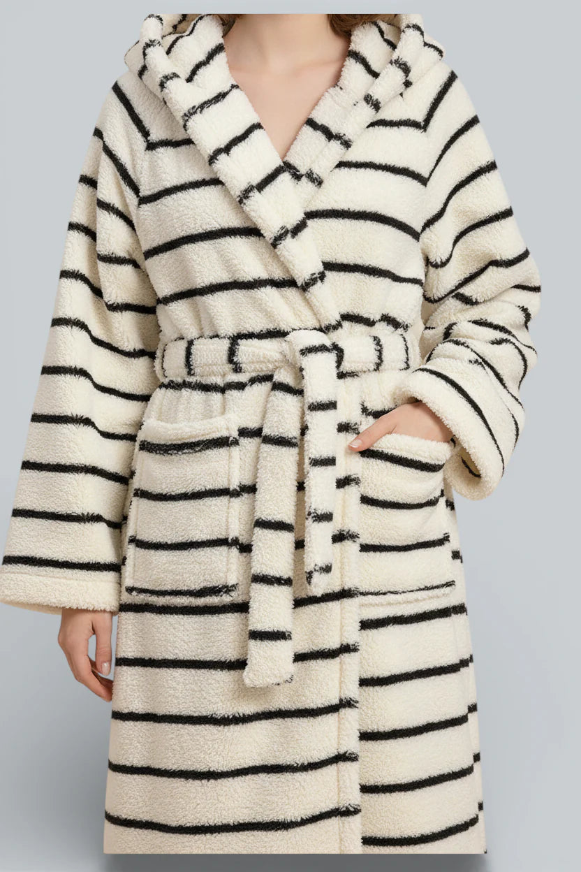 Robe de chambre femme marinière crème à rayures noires horizontales