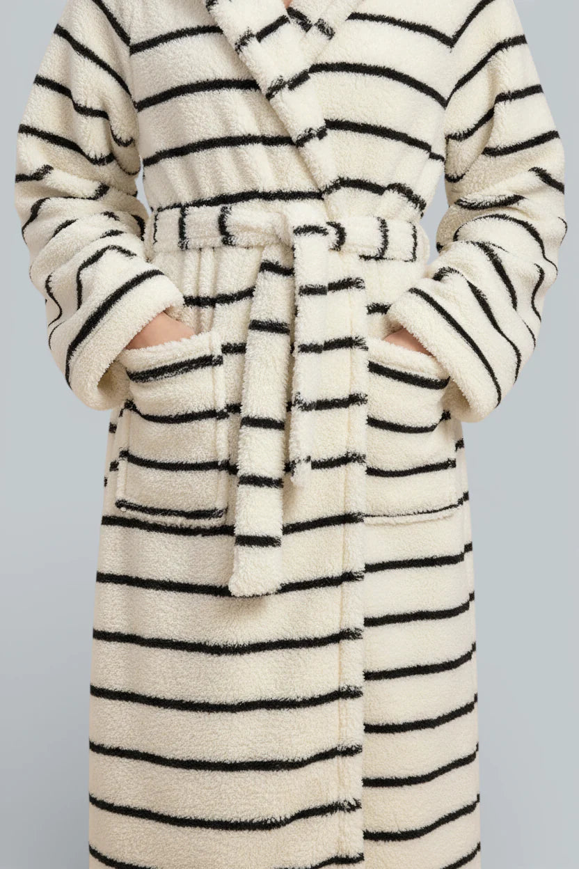 Robe de chambre femme marinière crème à rayures horizontales noires