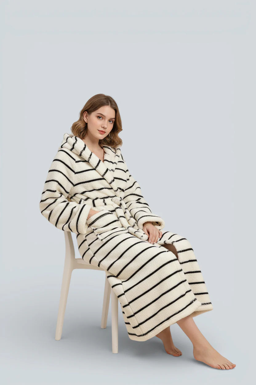 Robe de chambre femme marinière crème à rayures noires et fausse fourrure moelleuse