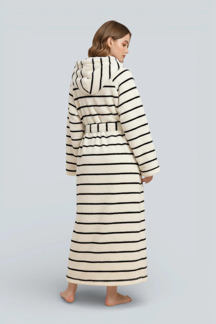 Robe de chambre femme marinière crème à rayures noires horizontales et capuche
