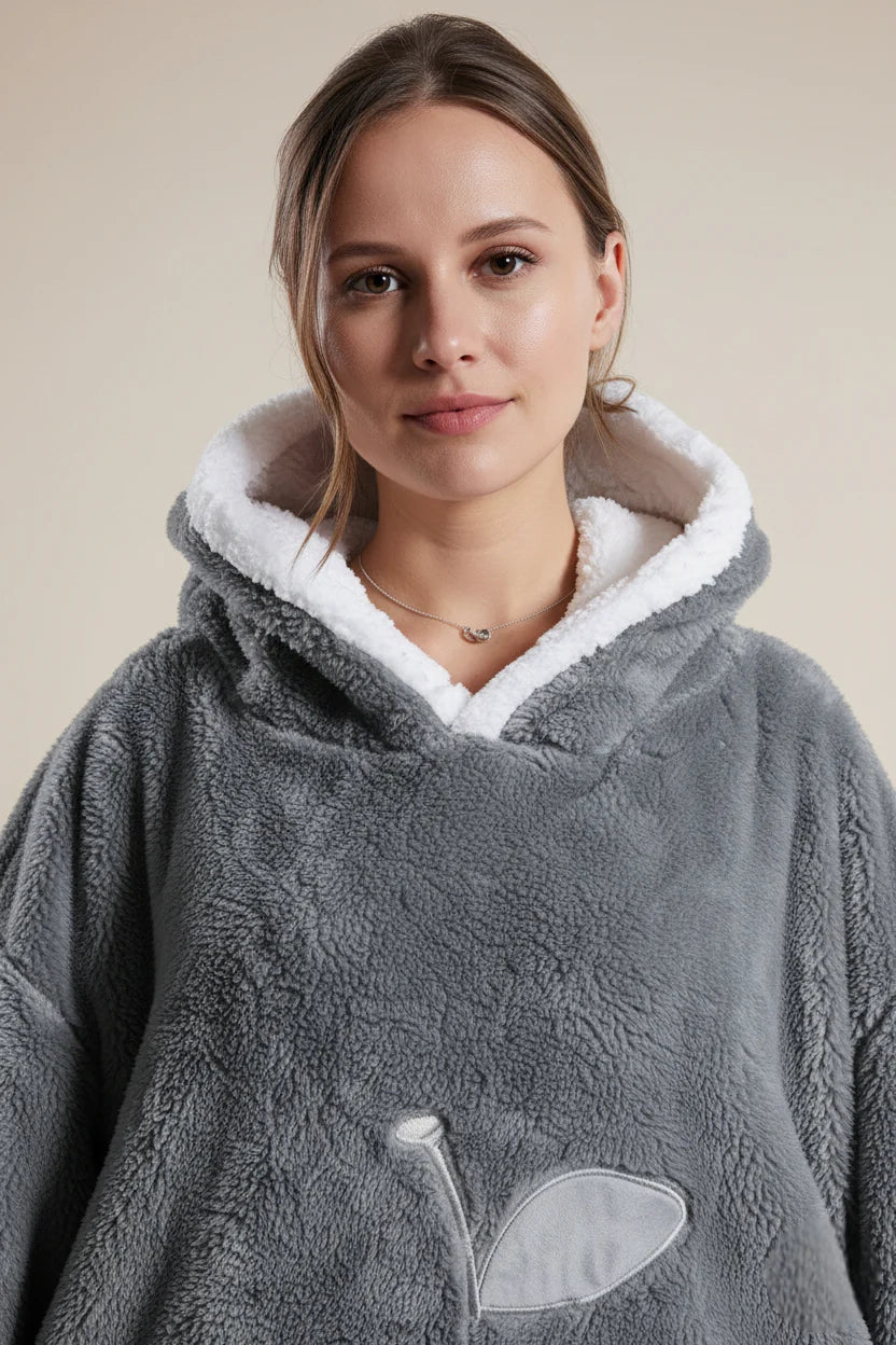 Robe de chambre femme polaire épaisse grise à capuche et col sherpa blanc