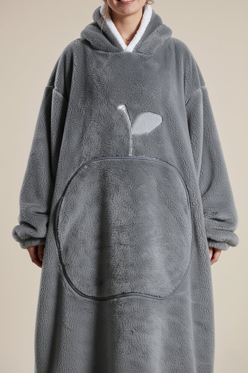 Robe de chambre femme polaire grise à capuche avec pomme brodée blanche