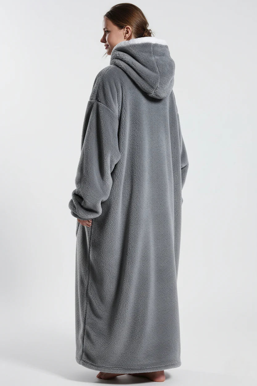 Robe de chambre femme polaire épaisse grise à capuche douce