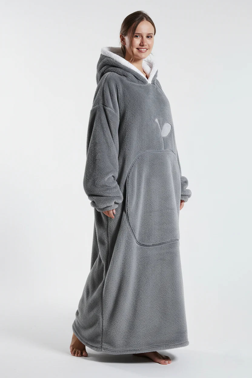 Robe de chambre femme polaire épaisse grise à capuche, doublure blanche, poche avant