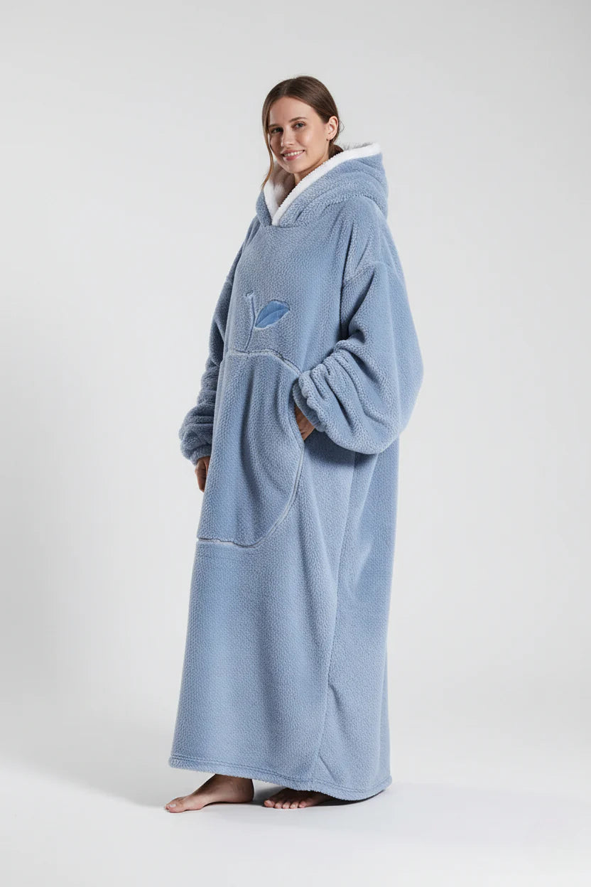 Robe de chambre femme polaire épaisse bleue clair à capuche et feuilles brodées