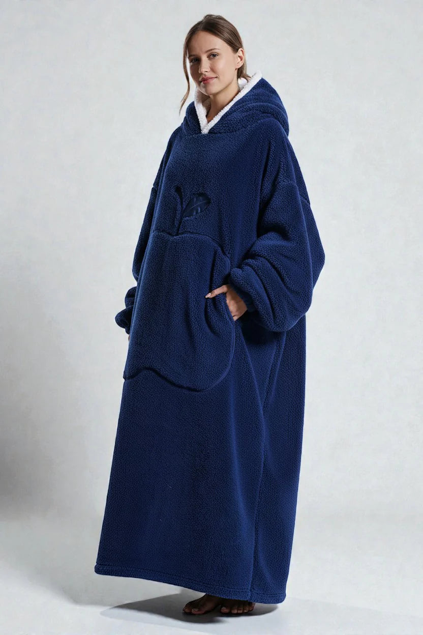 Robe de chambre femme polaire épaisse bleu marine à capuche blanche