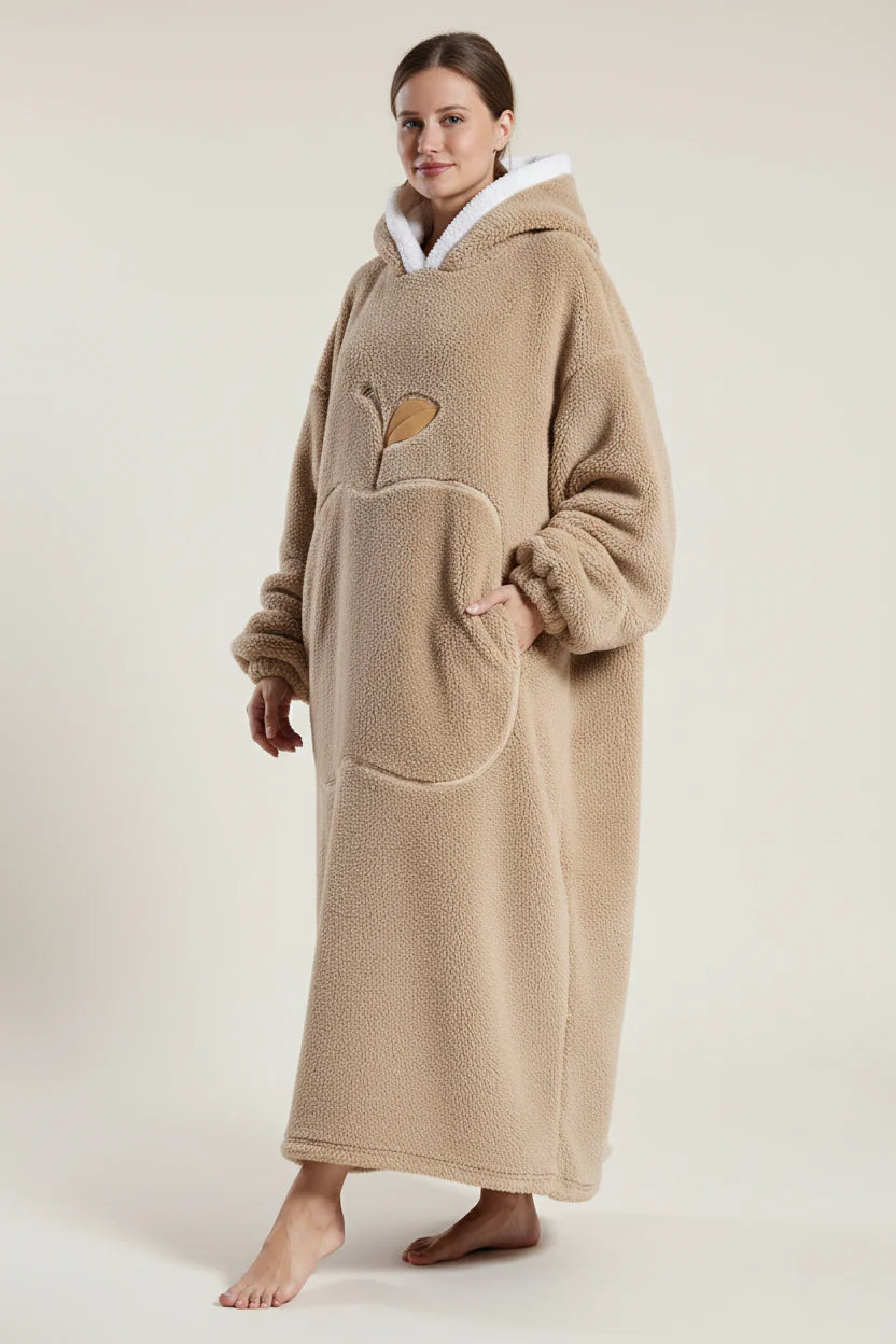 Robe de chambre femme polaire beige à capuche avec pomme brodée