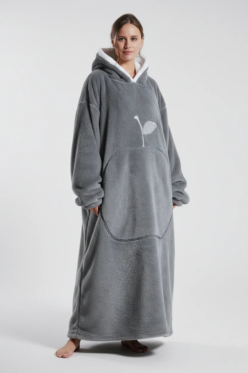 Robe de chambre femme polaire grise épaisse, capuche blanche, plante brodée