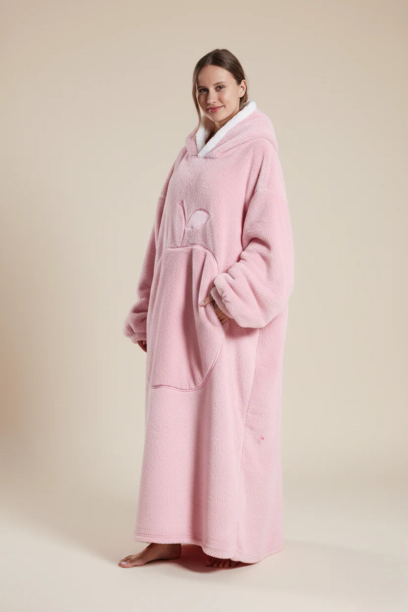 Robe de chambre femme polaire épaisse rose à capuche flamant rose