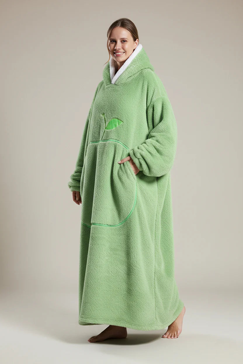Robe de chambre femme polaire épaisse longue très chaude verte à capuche et feuilles brodées