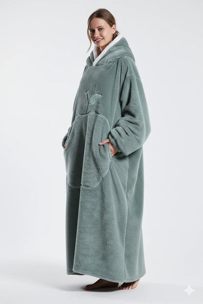 Robe de chambre femme polaire épaisse teal à capuche blanche