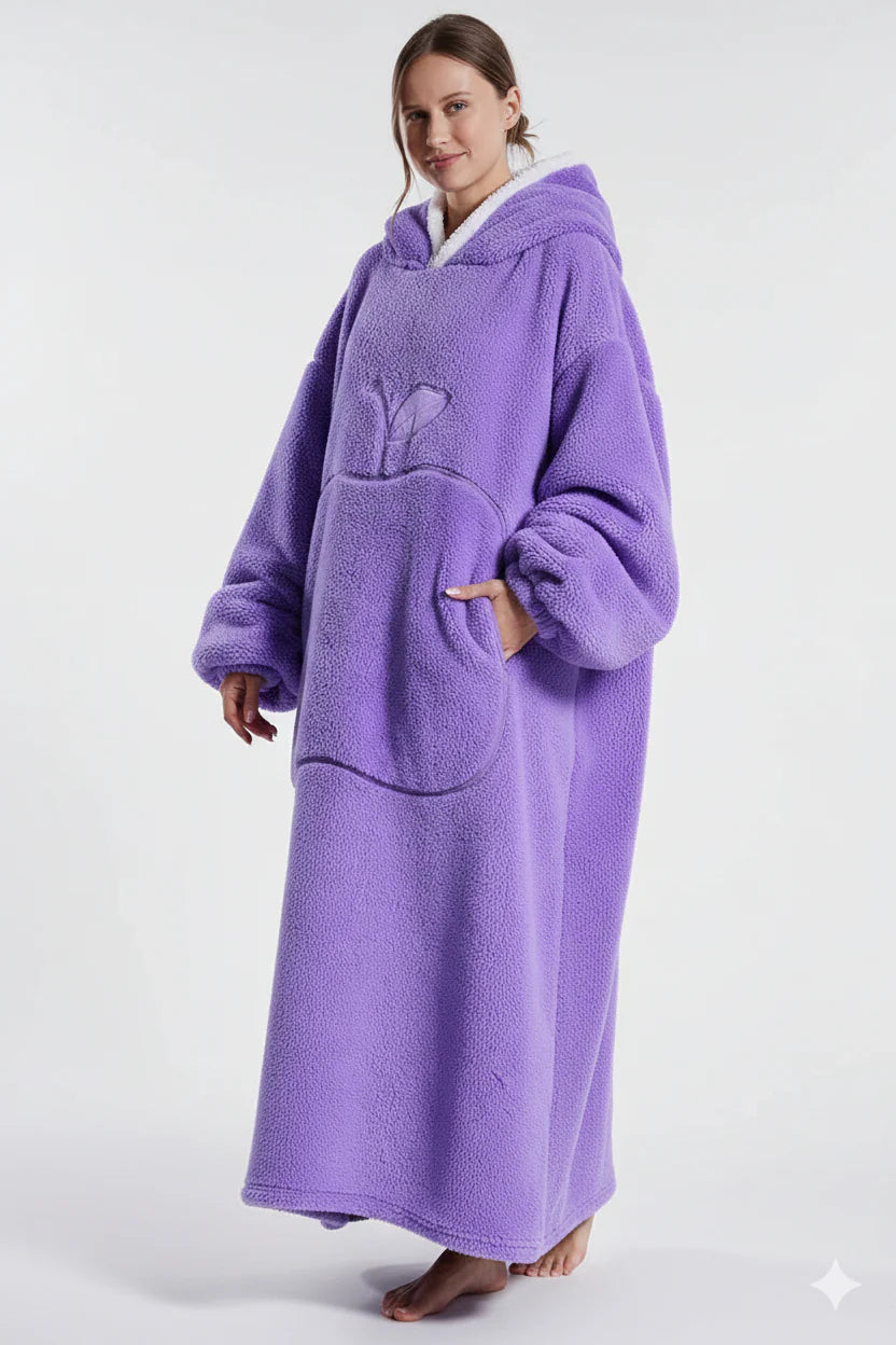 Robe de chambre femme polaire épaisse longue violette à capuche lapin
