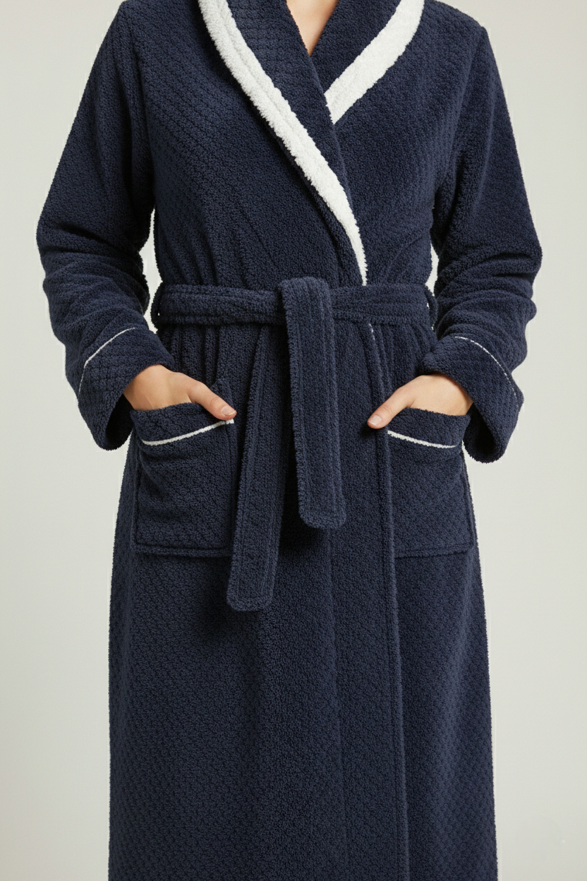 Robe de chambre femme polaire longue bleu marine texturée avec bordure blanche