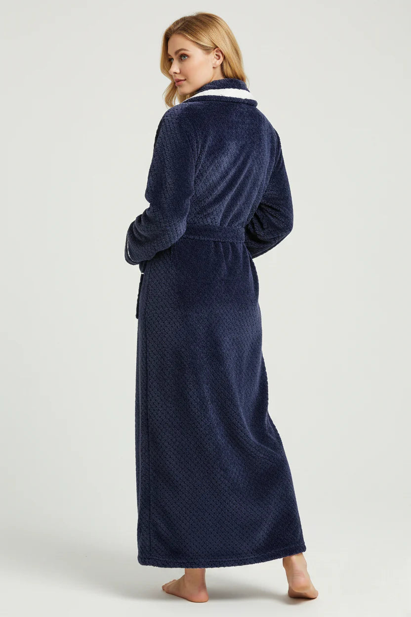 Robe de chambre femme polaire longue bleu marine à col blanc et ceinture